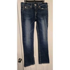 Y2K True Religion Billy Big T Flap Blue Jeans Womens 30 (30x32 USA Made Splatter